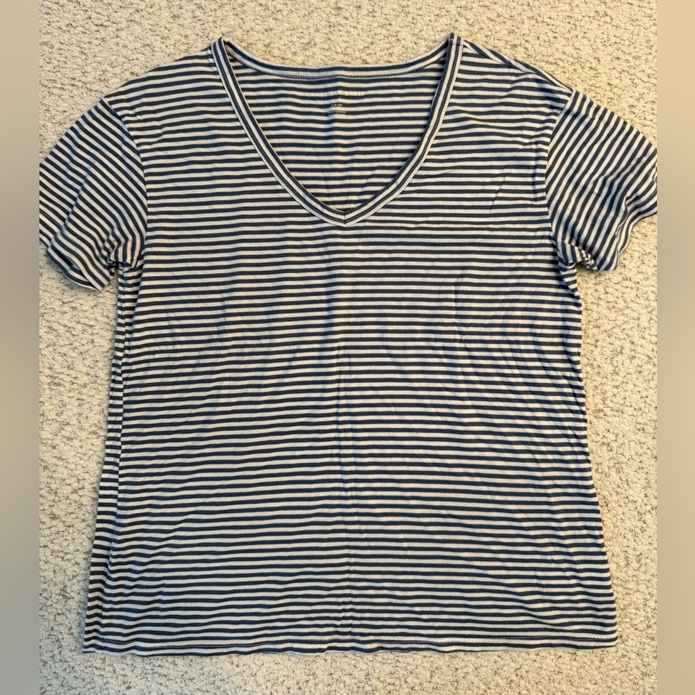 American Eagle Outfitters Navy and White Striped V-Neck Tee